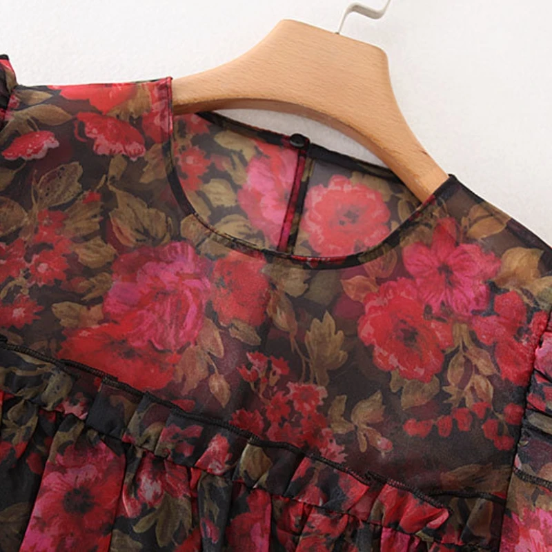 Винтажный цветочный принт, органза, женский с пышными рукавами, рубашка, осень, для отдыха, женская блузка с оборками, топы с круглым вырезом, S6590