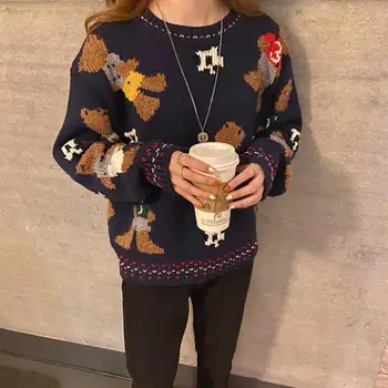 

Autumn 19 new bear knitted sweater women's long loose sleeved V-neck sweater for woman lady kawayi