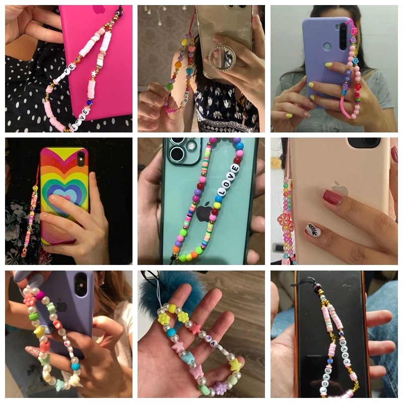 New Multicolor Mobile Phone Chain Handmade Strap Lanyard Beads Smile LOVE Letter Charm Anti-lost Cellphone Case Rope For Women