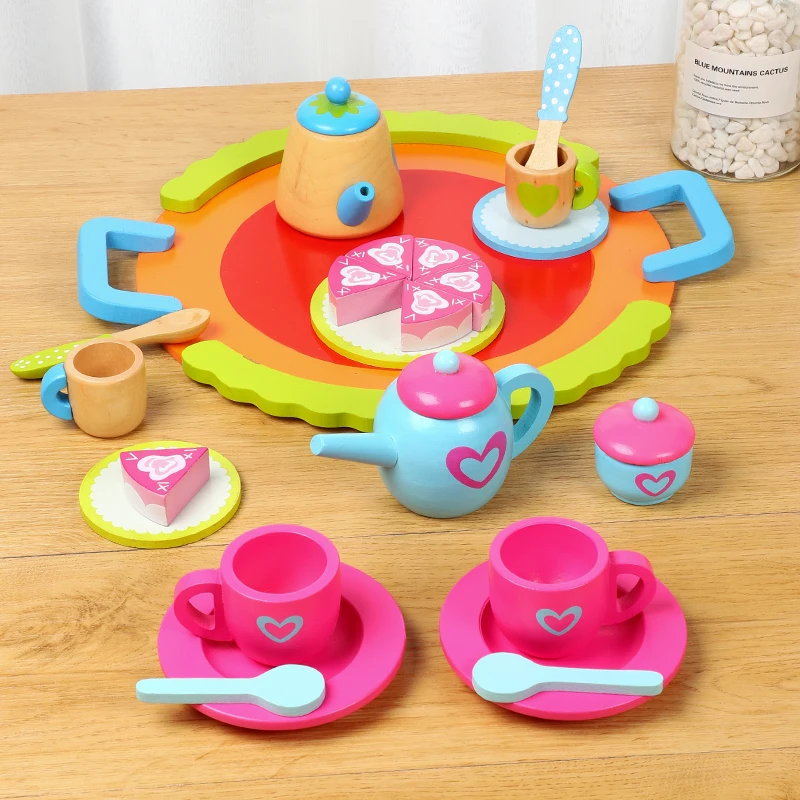 

Girls Toys Simulate Wooden Kitchen Toys Pink Tea Set Play House Educational Toy Tools Baby Early Education Puzzle Tableware Gift