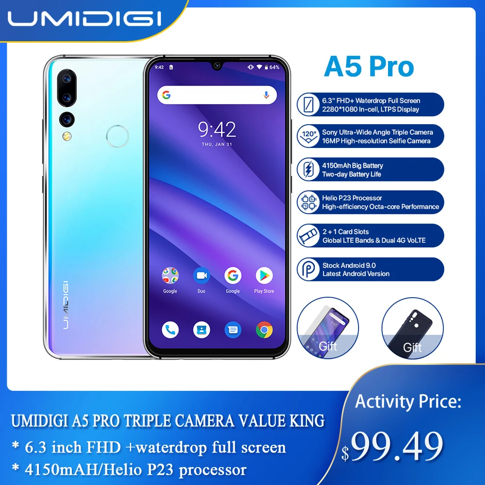 Global Version UMIDIGI A5 PRO16MP Triple Camera Android 9.0 Octa Core 6.3' FHD+ Waterdrop 4GB RAM 4G Celular 4150mAh Smartphone