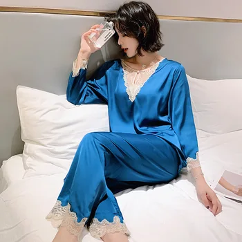 

2Pcs Sexy Lace Trimmed Pajama Set For Women Spring Summer Long Sleeve Silk Pyjamas Female Soft Sleepwear Casual Homewear Pijama