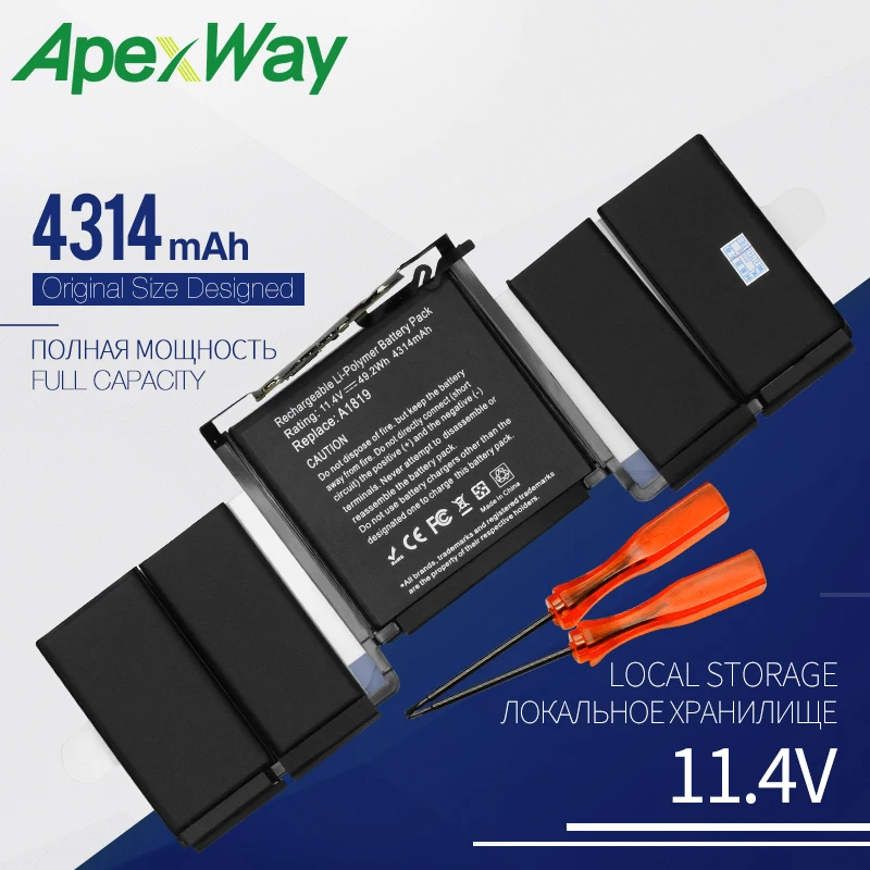 Apexway 11,4 V 4314mah A1819 Аккумулятор для ноутбука Apple Macbook Pro 13 ''Touch Bar A1706 год с инструментами отвертка батарея