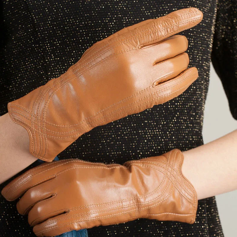 Ladies Fashion Winter Insulated Gloves Leather Hand-made Curved Sheepskin Gloves Soft Smooth Elastic Gloves ST07505