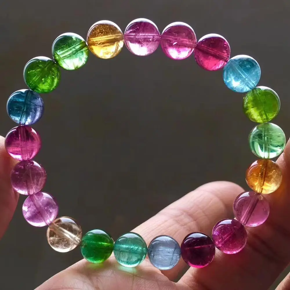 

Certificate Natural Colorful Tourmaline Quartz Bracelet 8.8mm Rainbow Color Clear Beads Women Men Fashion Best Stone AAAAA