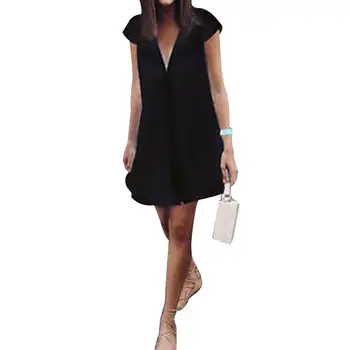 

Summer Casual Women Solid Color Deep V Neck Short Sleeve Loose Party Mini Dress