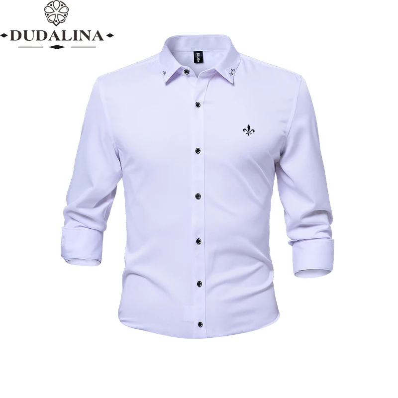 Anti-wrinkle and non-iron Blusa Camisa Social Masculina Dudalina Long Sleeve Slim Fit Shirt Men Floral clothing White Male