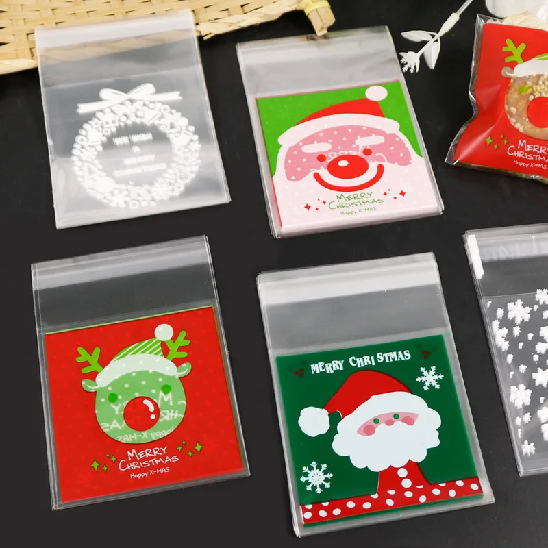 100 шт., Рождественский пластиковый пакет, самоклеющиеся конфетные пакеты для печенья, Санта-Клаус, снежинка, рождественские пластиковые подарочные пакеты 7x7+ 3 см