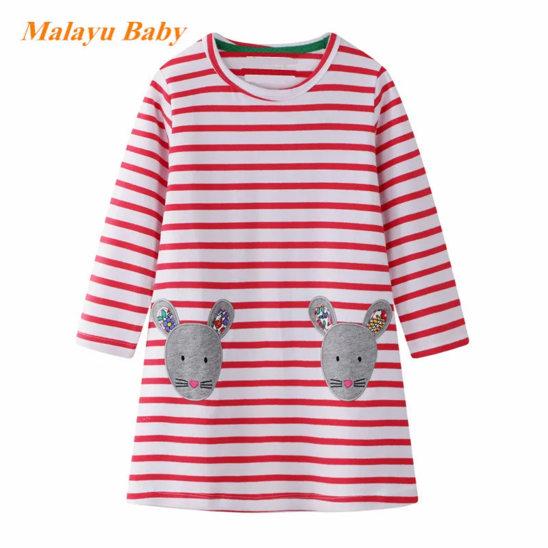 

Malayu Baby Girls Dress Spring Autumn New Girls Long Sleeve Striped Cartoon Dress Cotton Mouse Embroidered Dress kids clothes