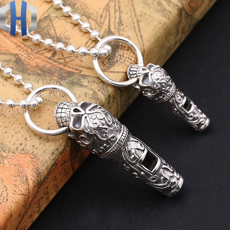 

S925 Sterling Silver Jewelry Retro Thai Silver Men's And Women's Personality Skull Can Blow Whistle Pendant