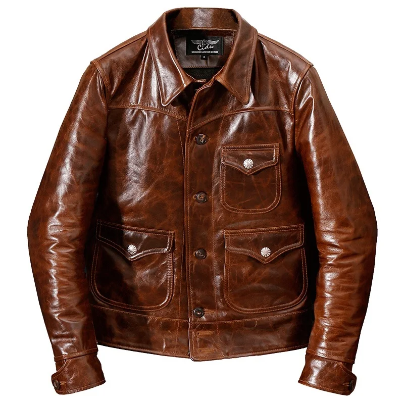 

Free shipping.Brand new classic casual style oil cowhide jacket,man slim oil genuine leather coat,vintage winter warm coat.RL