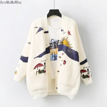 

AreMoMuWha Knit Cardigan Women 2019 Autumn New Korean Edition Loose Student Print Top Small Fresh Cartoon Sweater Jacket QX1225