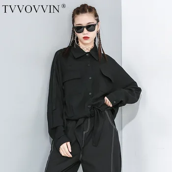 

Korea 2020 Irregular batwing long sleeve black Shirt for women spring fashion new Personality pleated blouse with pocket YH781