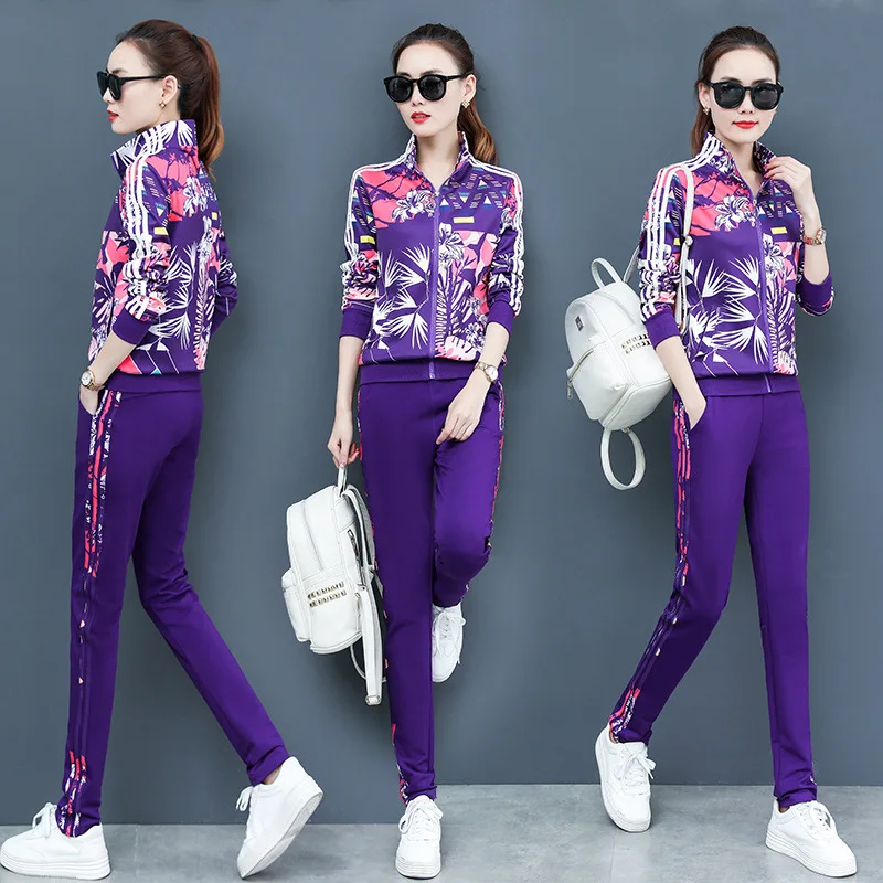 

4XL Spring Women Sportswear Printed Loose Jacket Sweatshirt+pant Running Jogger Fitness Gym Casual Set Sport Suit Tracksuit