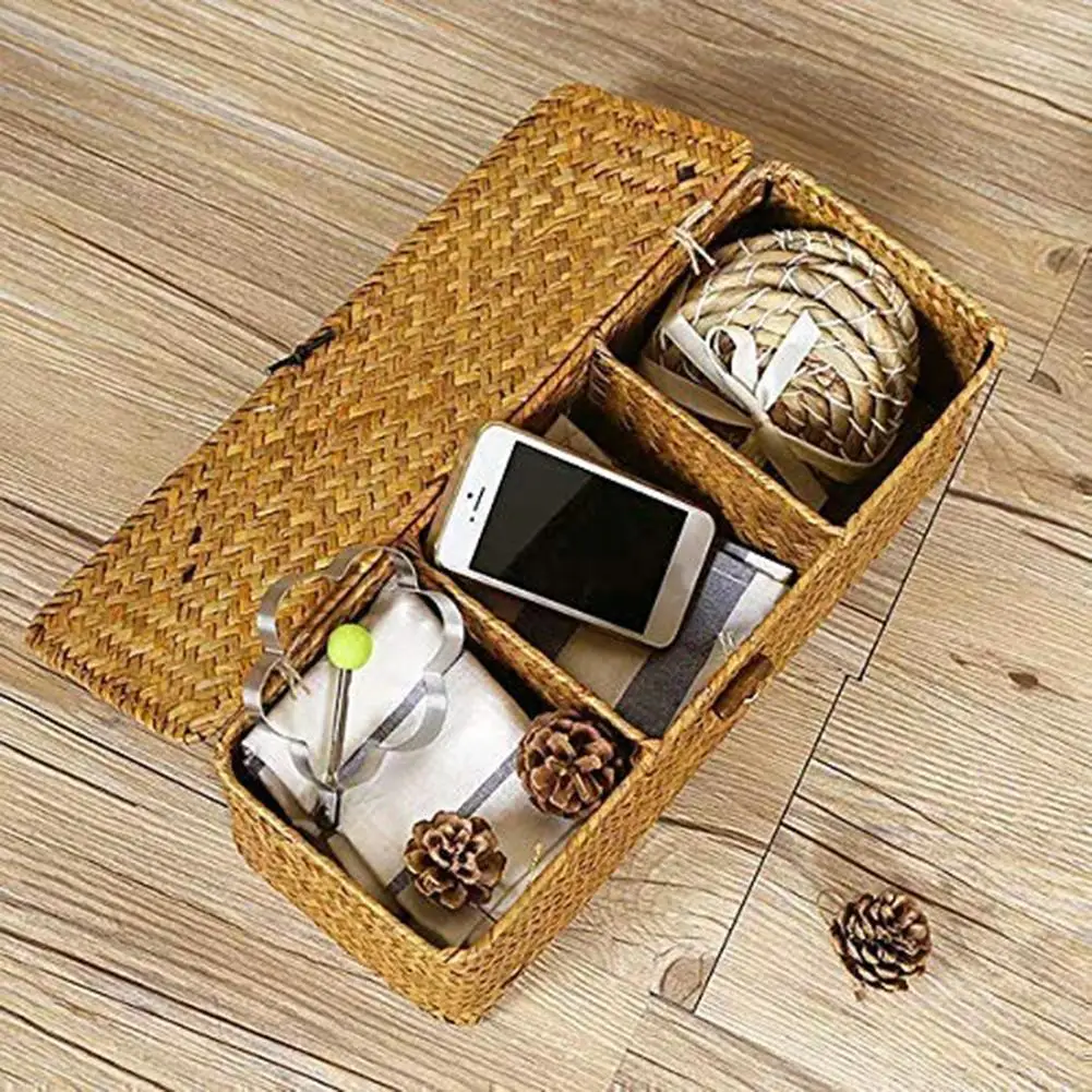 Ручная бамбуковая настольная корзина для хранения с крышкой 3 клетчатая коробка для хранения косметики настольная плетеная корзина для закусок Домашний Органайзер