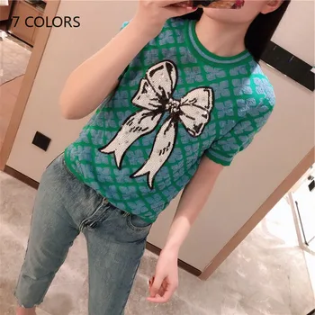 

2020 Summer T Shirt Women Beaded Sequins Bow Knitted T-shirt O-neck Short Sleeve Tshirt Fashion Hit Color Geometric Tops Tee