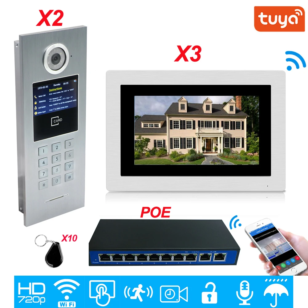 TuyaSmart APP Supported 960P WiFi Video Door Phone 7'' IP Video intercom Security Home Access Control System Keypad/IC Card/POE