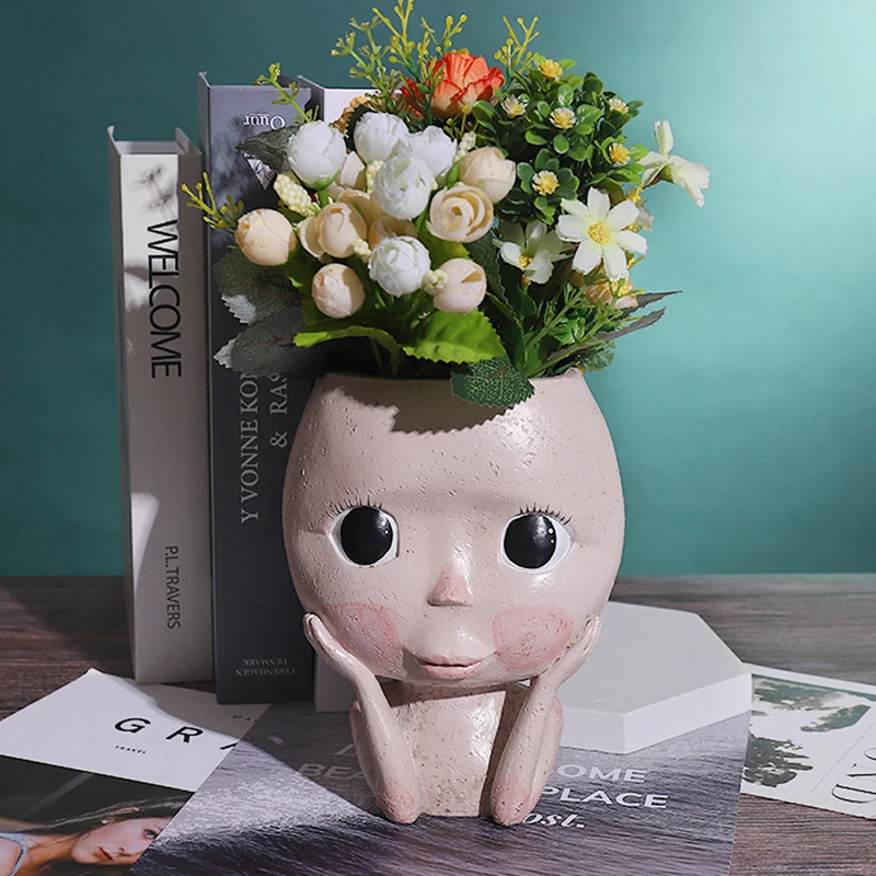 Human Face Vase Decoration Resin Flowerpot Figure Sculpture Crafts Storage Vase