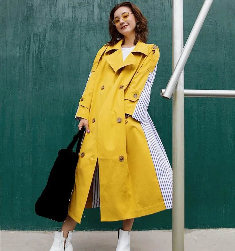 

Autumn Lace Up Patchwork Striped Windbreaker Coat Turn-down Collar Trench Overcoat Women Long Sleeve Casual Clothes