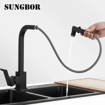 

Black square copper pull-out kitchen hot and cold water faucet sink bowl household retractable swivel Nordic