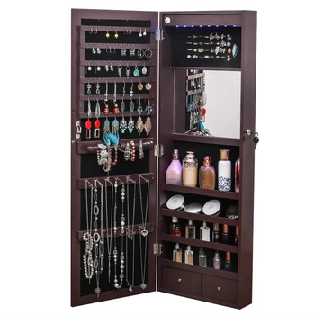 

Full Mirror Wooden Wall Mounted 4-Layer Shelf 2 Drawers With Inner Mirror 8 Blue Led Light Jewelry Storage Mirror Cabinet