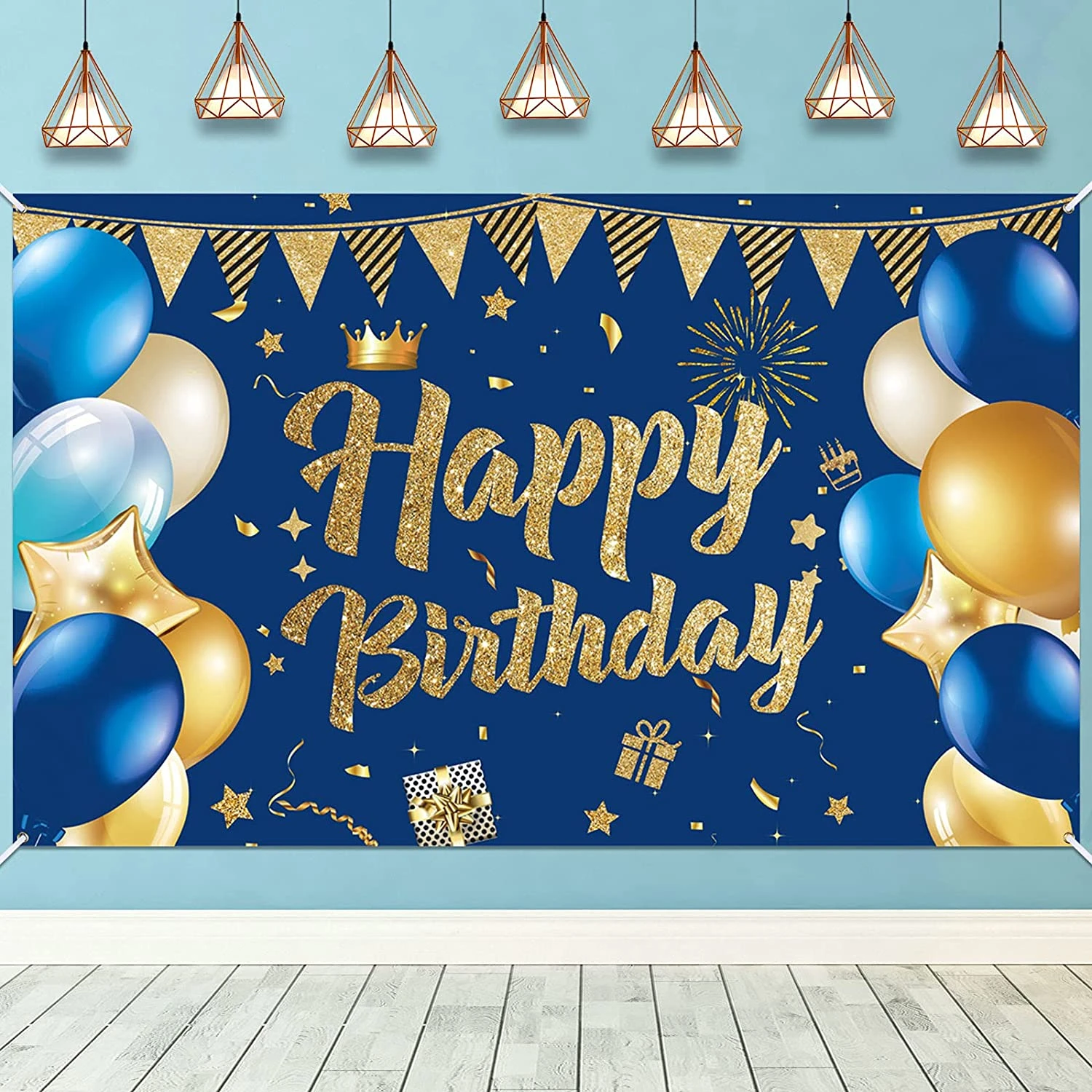 Cartel de fondo de feliz cumpleaños para hombre y mujer, decoración de  fiesta de fondo, color azul marino y dorado|Fondo| - AliExpress