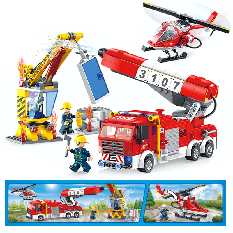 5 Styles Fire Fighting Trucks Car Helicopter Boat Building Blocks Compatible Legoingly City Firefighter Bricks Children Diy Toys