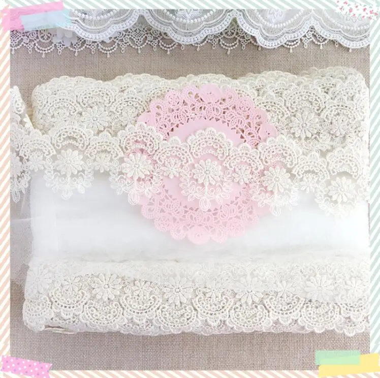 Lace Fabric Chiffon Lace Fabric 2 Meters Lace Trim Beige Cotton Flowers Embroidered Tulle Lace Fabric 13cm Width Doll Dress Underwear Costume DIY Craft Supplies