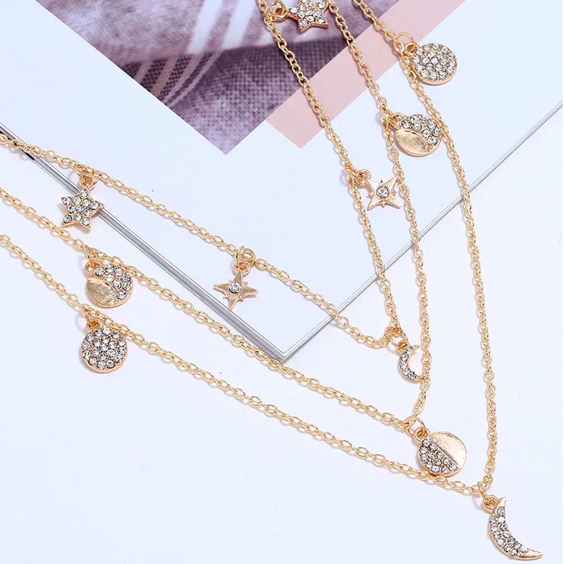 

Multi-element necklace women pendant multi-storey moon coin drop geometry choker long rose gold chain fashion jewelry 2019 new