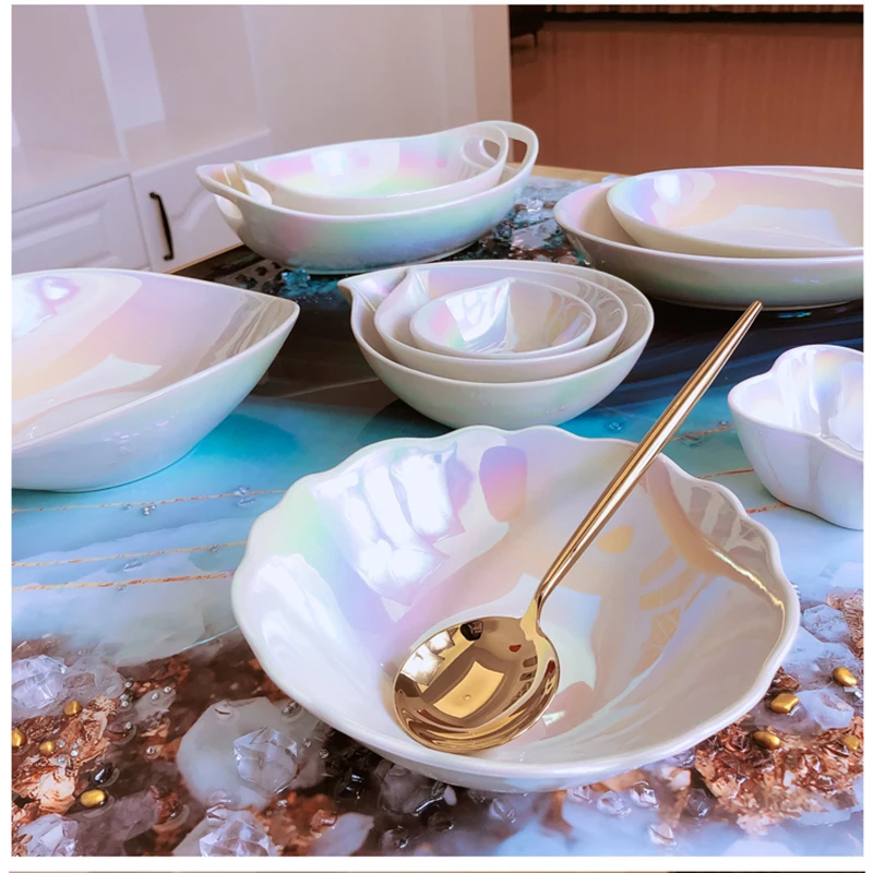 

Light Luxury Dessert Plate Single Ceramic Tableware Pearlescent Bowl Dish Fruit Salad Bowl Snack Plate Afternoon Tea Tableware