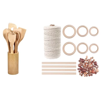 

m Natural Macrame Cord with 60 Pcs Wood Beads 6Pcs Wood Ring and 4Pcs Wooden Stick with 7Pcs Wood Kitchen Utensil Set
