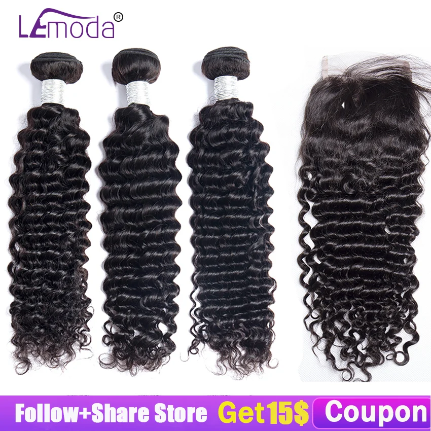 

Deep Wave Human Hair Bundles With Closure Remy Brazilian Hair Weave Bundles With Lace Closure LeModa Hair Extensions