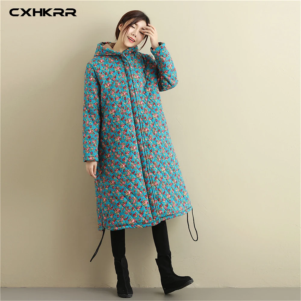 CXHKRR, новинка, Национальный стиль, большой размер, с принтом, с капюшоном, Женское зимнее пальто, свободное, Ретро стиль, с длинным рукавом, толстое, хлопковое пальто