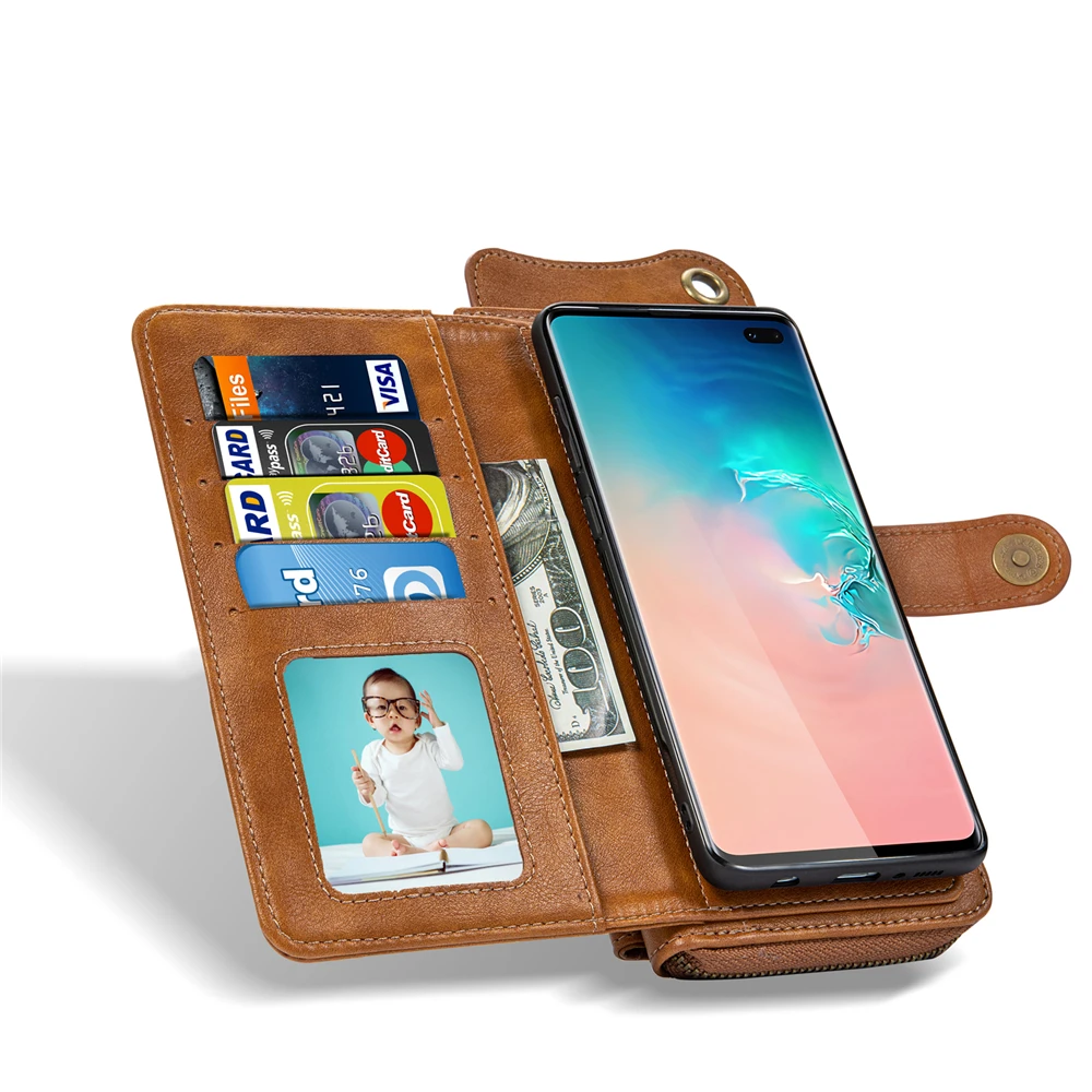 Роскошная кожаная сумка-кошелек с молнией чехол для Samsung Galaxy S10 Plus многофункциональный съемный чехол-книжка с отделением для карт, на магните чехол