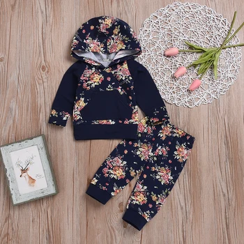 

PatPat 2-piece Sweet Floral Print Hooded Pullover and Pants Set Splice Sleeve Elastic Waist Autumn Cotton Casual Long Sleeves
