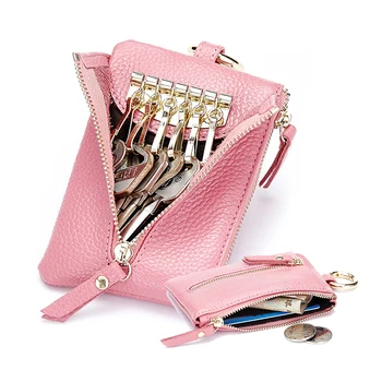 

Key Holder Card Case Leather Keychain Wallet Organizer Car Door Key Pouch Ring Cover Solid Smart Zipper Key Bag Smartbag