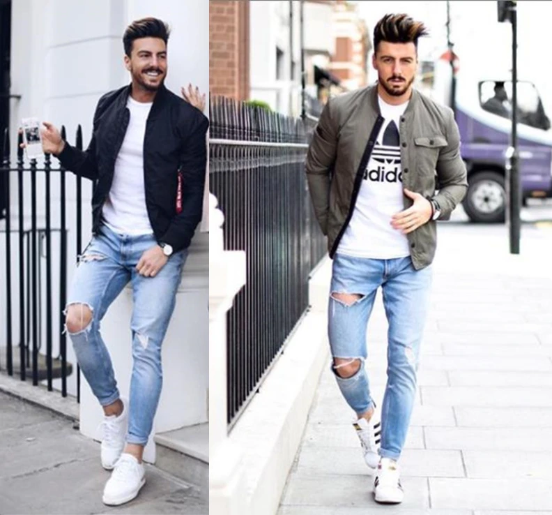 Pantalones vaqueros rasgados grandes con agujeros en la rodilla para hombres pantalones pitillo azules de mezclilla Streetwear desgastados mendigo pantalones vaqueros delgados de gran tamaño| | AliExpress