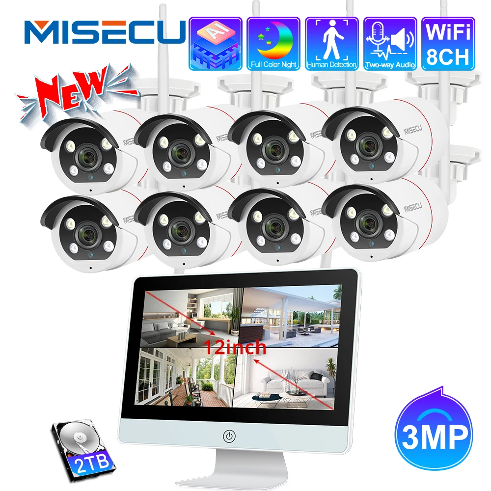 MISECU 3MP Wi Fi CCTV Системы 12 дюймовый монитор NVR видеонаблюдения Камера двухстороннее