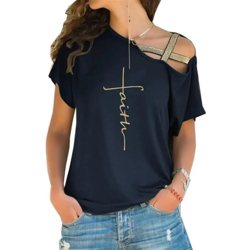 

New Arrival Faith Letters Print Cross Bandage T-Shirt For Women Harajuku Women T-Shirt Tops Summer Graphic Tees Women