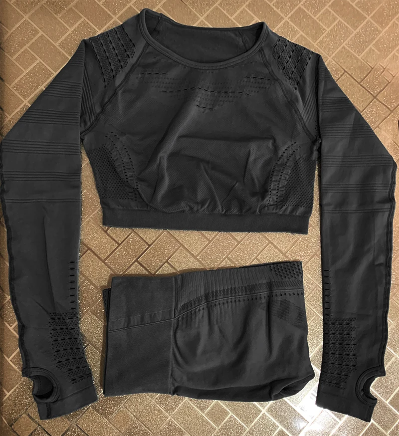Peeli 2 PC Women Sports Suit Seamless Yoga Set Workout Gym Set Push Up Seamless Leggings Long Sleeve Crop Tops Fitness Clothing - Цвет: black