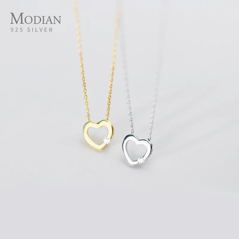 MODIAN 925 Sterling Silver Simple Gold Color Radiant Zircon Hollow Out Hearts Pendant Necklace for Women Fashion Fine Jewelry | Украшения и