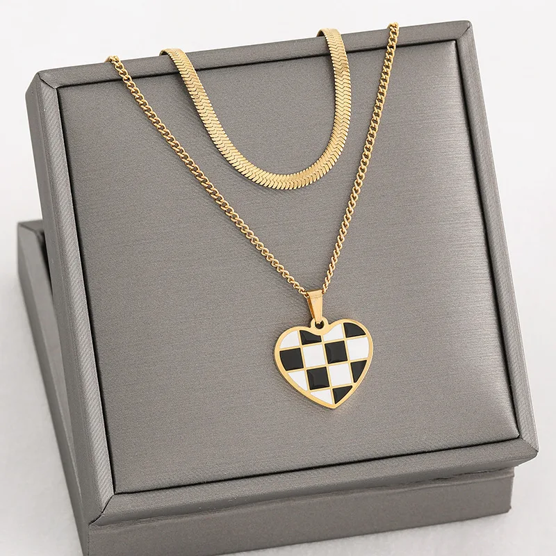 New Black White Square Lattice Heart Pendant Double Layers Snake Chain Women Necklaces Female Trendy Stainless Steel Jewelry | Украшения и