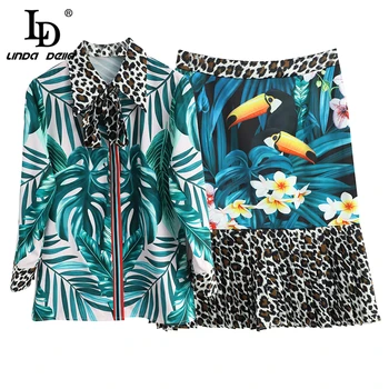 

LD LINDA DELLA Spring Fashion Runway Skirts Suit Women's Vintage Animal Flower Floral Print Top and short Skirt Two Pieces Suits