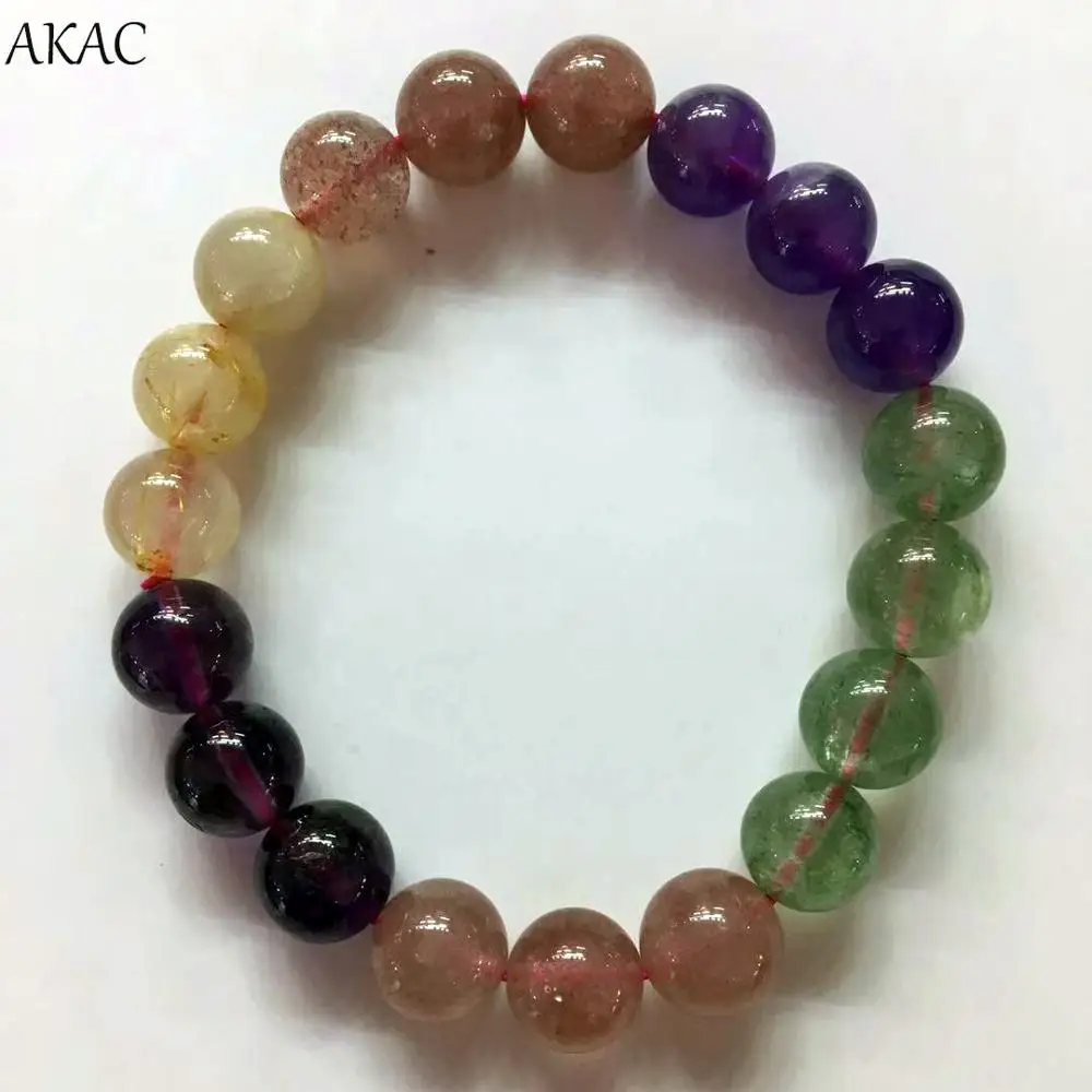 

AKAC 8-9mm 2bracelets/set natural mix color quartz bracelet green red strawberry quartz+amethyst+golden rutilated quartz
