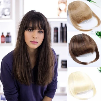 

Allaosify Natural Black Brown Neat Front Clip In Hair Bangs Extensions Clip On Synthetic Hair False Fringe Hairpieces