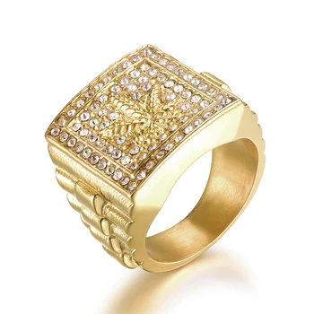 

D&Z Stainless Steel Ring For Men Leaf Design Gold Color Hip Hop Iced Out Bling Rhinestone Micro Paved Fashion Jewelry