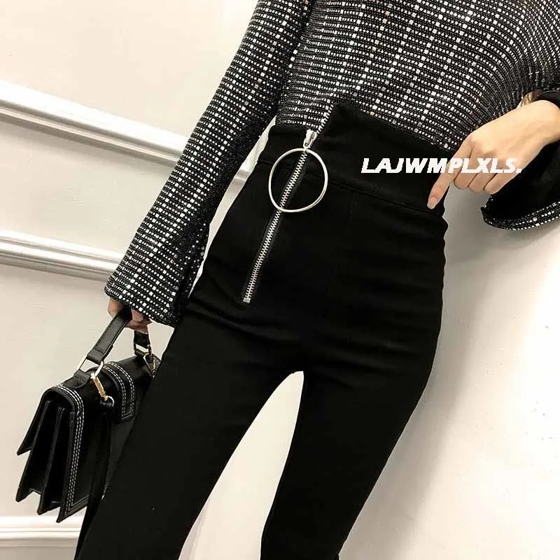 2022 Autumn Spring New Black leggings Casual Elastic High Waist stretch feet pants women's Metal Buttons was thin Pencil Pants images - 6