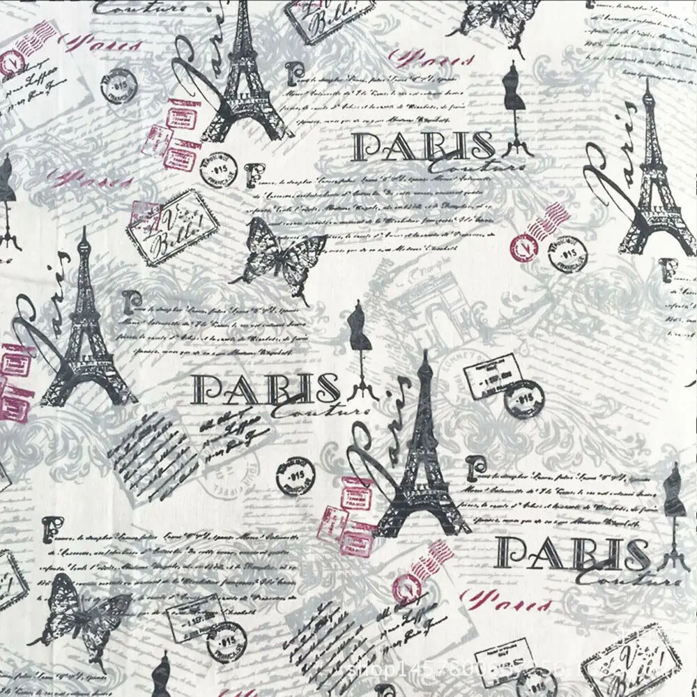 70x45CM Eiffel Tower Seal Pattern Fabric Cotton Linen For DIY Tablecloth Curtain Cushion Furniture Cover Quilting Decor Material