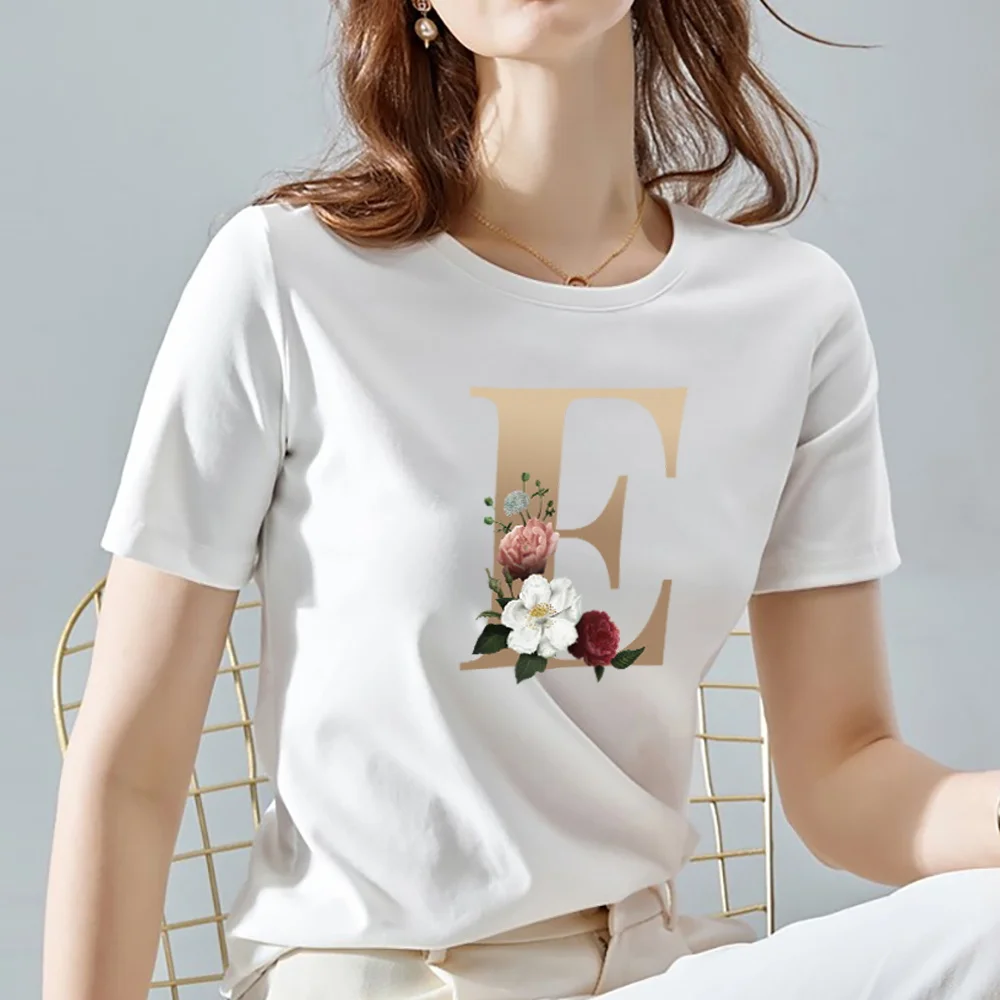 

T-shirts Women Summer Fashion Flower 26 Alphabet Font A B C D E F Short Sleeve Casual White O-neck Basis Female Tops Tee Clothes