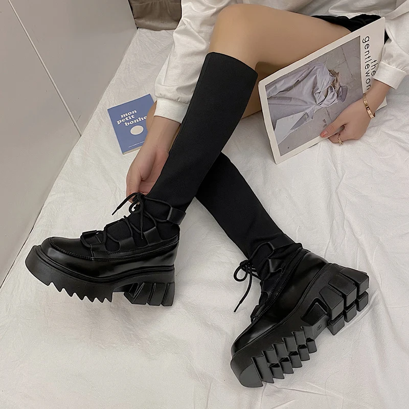 

Winter Boots Women Knee High Long Boots Split Leather Fashion Lace-Up Snow Boots Non-slip Black Sock Boots Shoes Woman 2021 New